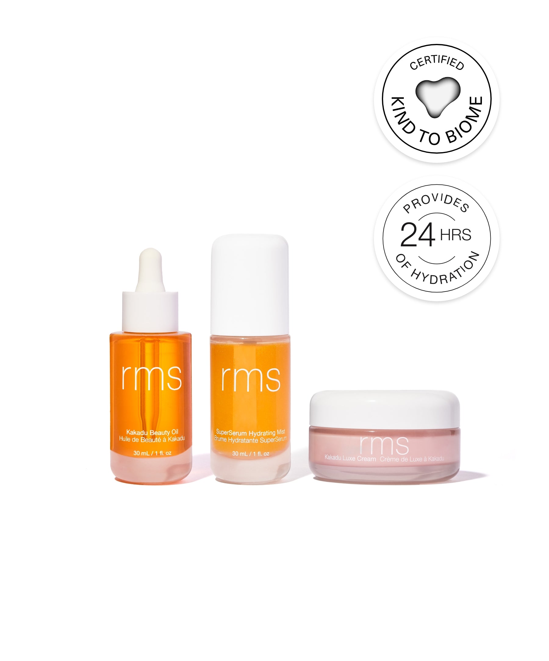 The New Skincare Lineup: full-sized Kakadu Beauty Oil (30 ml / 1 fl. oz ), SuperSerum Hydrating Mist (30 ml / 1 fl. oz ), and Kakadu Luxe Cream (50 ml / 1.7 fl. oz)