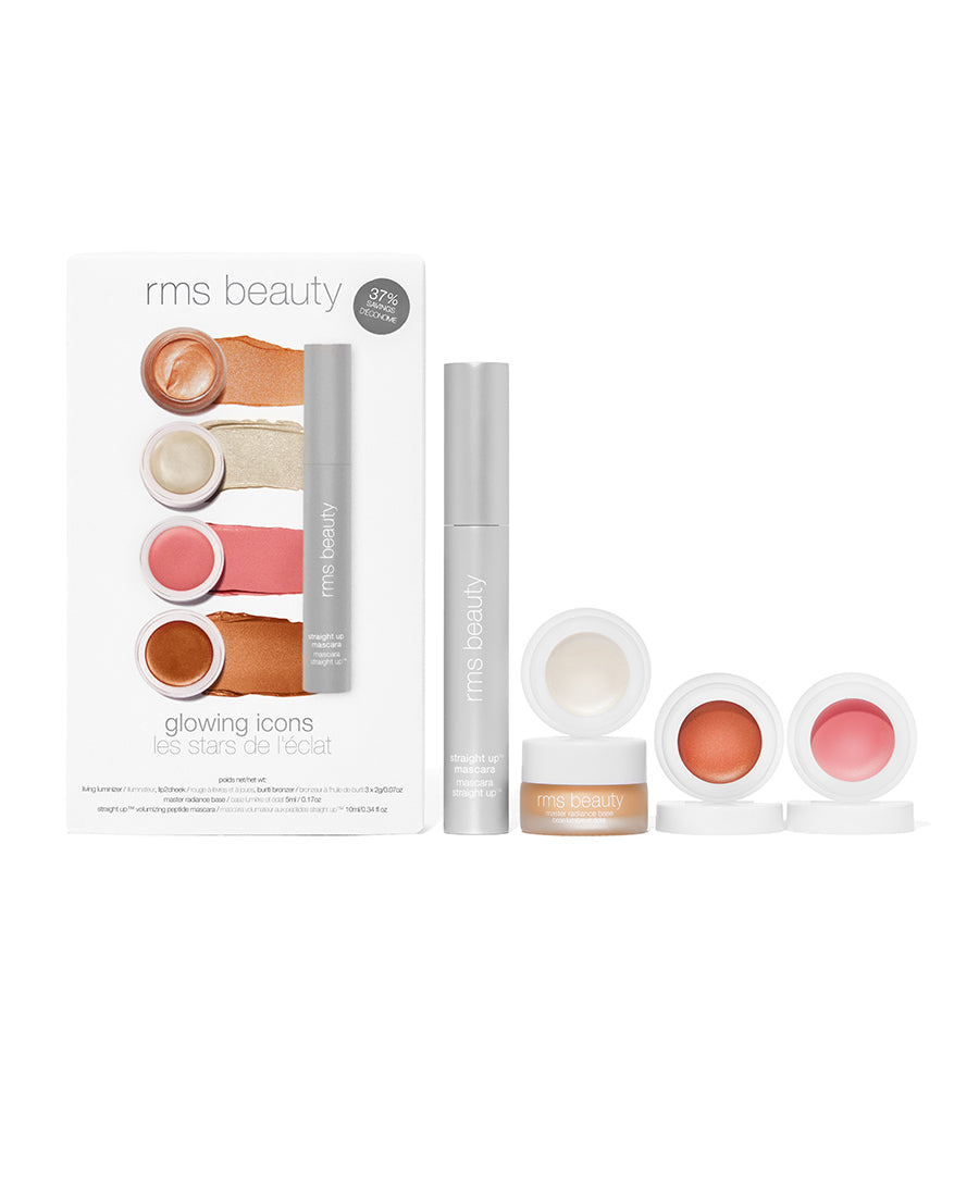 RMS Beauty Best of RMS Collection featuring four best sellers in travel-ready sizes. Living Luminizer (deluxe mini): an ultra-sheer, lit-from-within, natural glow. “Demure” Lip2cheek (deluxe mini): a seductive coral pink with lush golden undertones. Buriti Bronzer (deluxe mini): a warm, sun-kissed finish. “Rich in Radiance” Master Radiance Base (deluxe mini): a rose gold incandescence. Straight Up Volumizing Peptide Mascara (full-size): HD black.